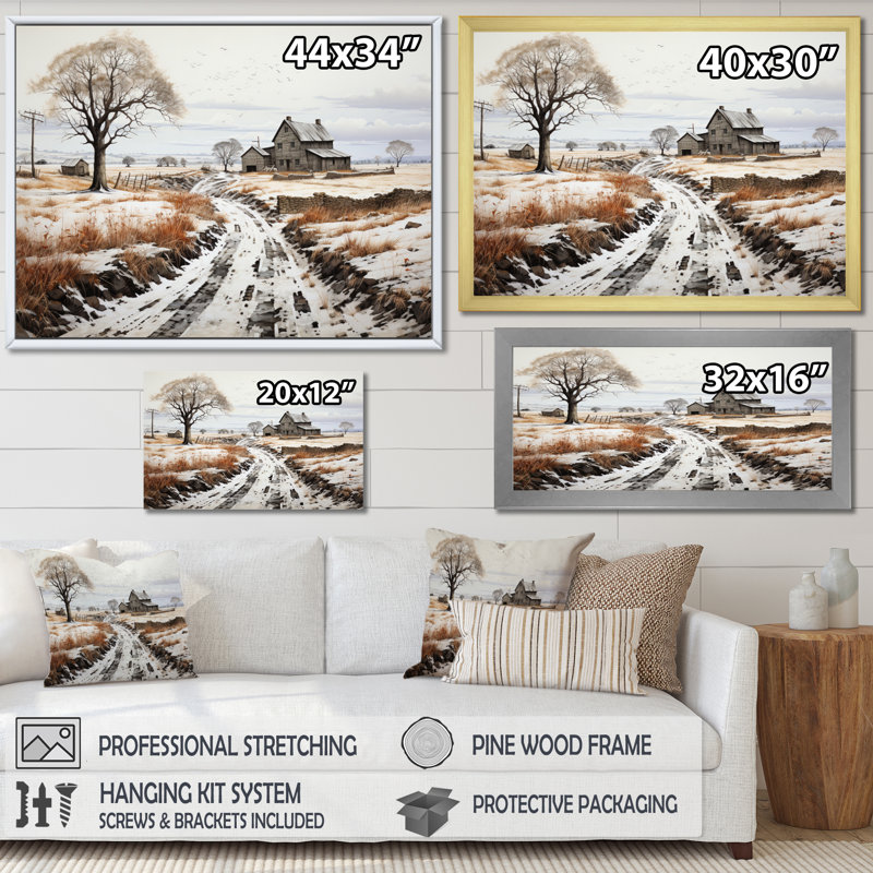 Winter Farm Monochrome Harvest I, Cadre simple blanc, H 34 po x l 44 po x P 1,5 po