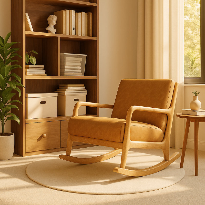 29″ Auburn Lounge Modern Leather Rocking Chair – Light Brown Upholstery with Solid Oak Frame