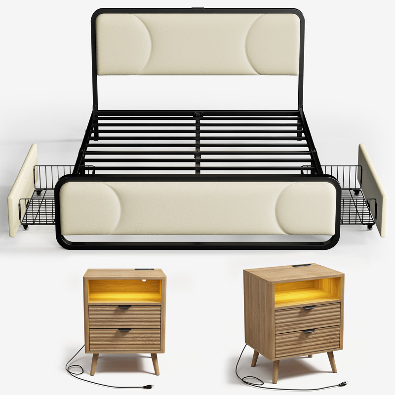 3 Piece Bedroom Sets, Arc-Shaped Upholstered Bed With 2 Drawers& 2 Wave-Patterned Nightstand, Beige/Natural, Queen
