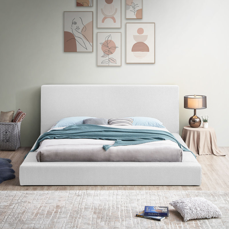 Grand lit à panneau Issaias, Tissu bouclé blanc, Double