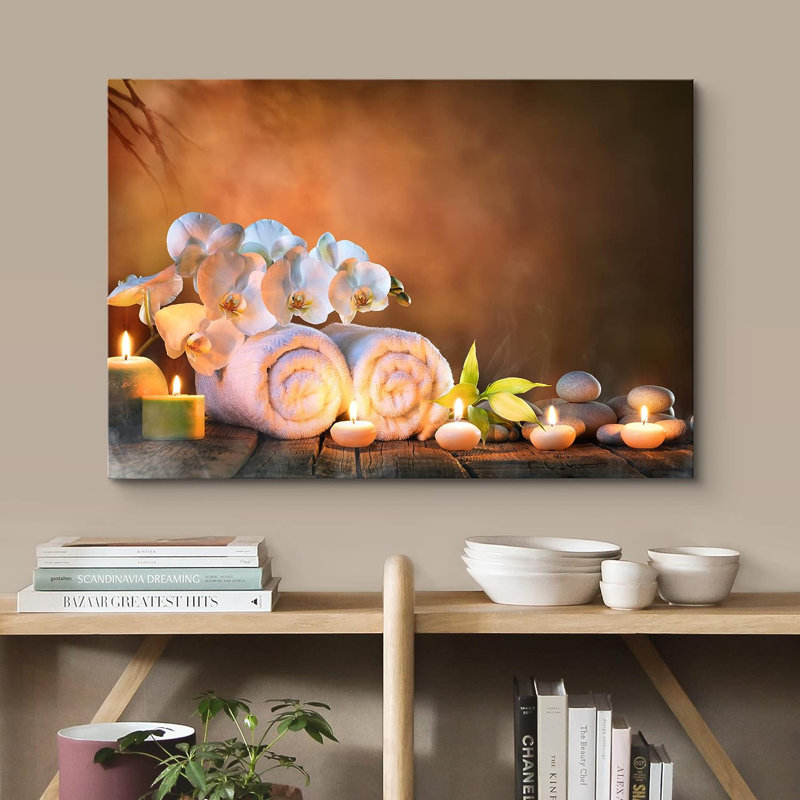 «Relaxing Candle», orchidée blanche, pierres de massage, feuille de jungle, yoga naturel, reproduction sur toile tendue