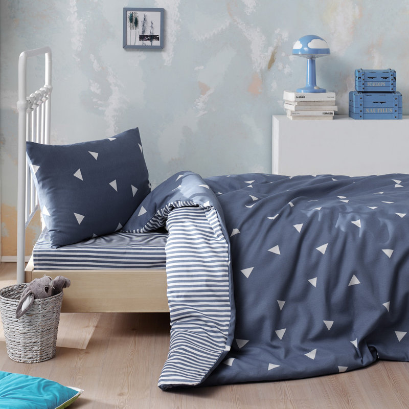 Ensemble de housse de couette en mélange de coton bleu / blanc Burhadin, Housse de couette 61 po x 79 po + 1 taie d'oreille