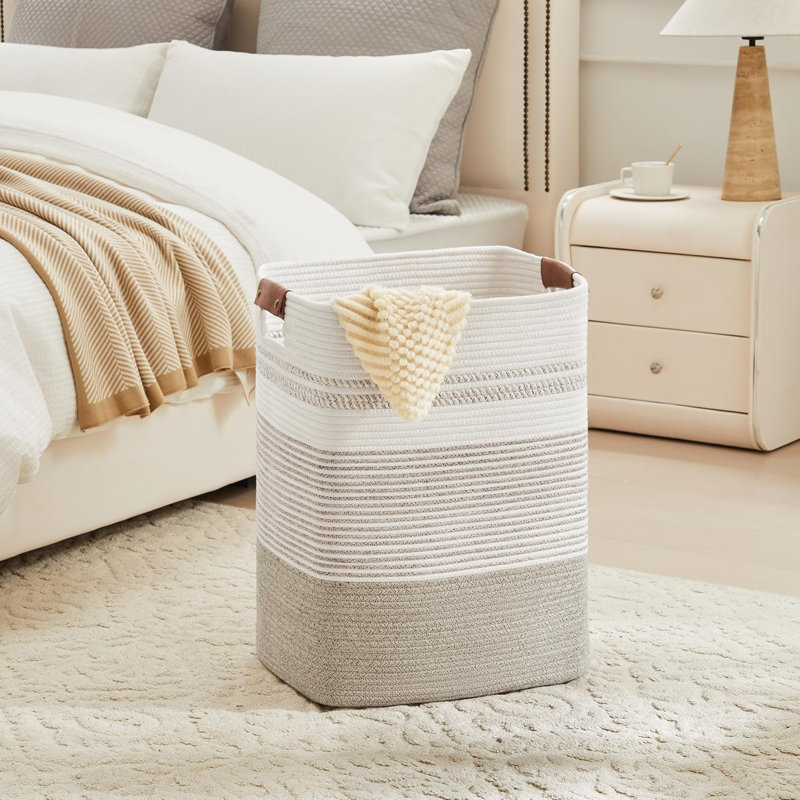 Grand panier à linge avec poignées en cuir - Panier de rangement surdimensionné de 85 L pour couvertures, jouets, serviettes et vêtements sales - Conception en coton tissé durable pour la maison, la salle de bain et l'organisation de la chambre à co