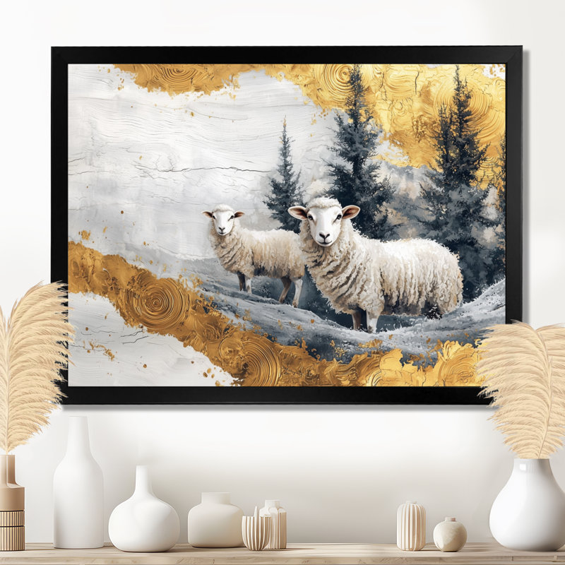 Drayon, mouton marbré doré à la ferme, paysage d'hiver III - moutons, art mural, Reproduction encadrée d'une seule photo