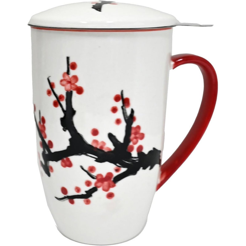 Tasse à thé en porcelaine avec couvercle et infuseur en acier inoxydable Pink Cherry Blossoms