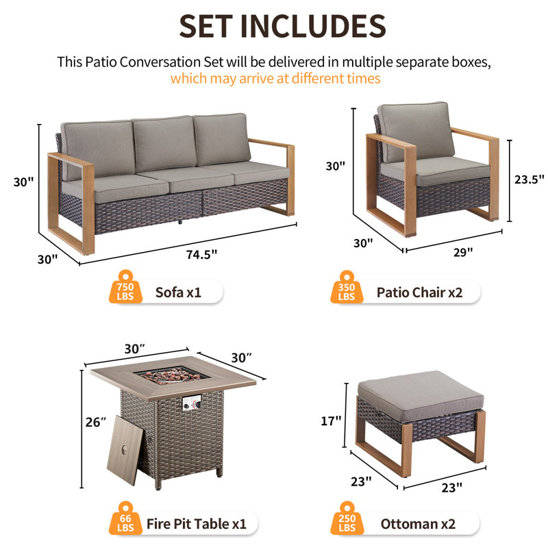 Ensemble de conversation d'extérieur 6 pièces avec foyer d'extérieur carré Palomares, siège de patio en osier pour 7 personnes avec canapé, fauteuils et repose-pieds