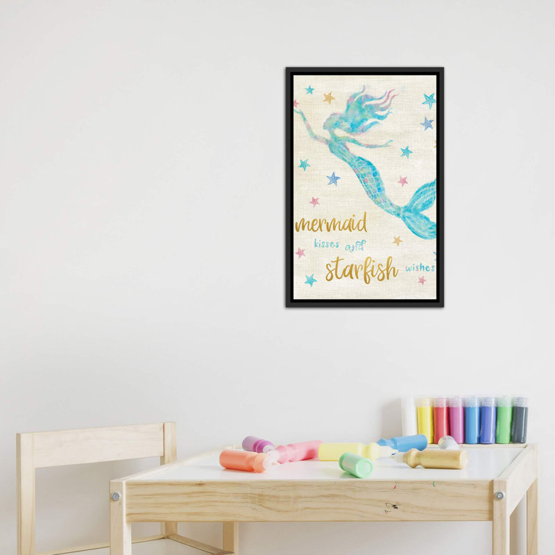 Art sirène baisers, H 26 po x l 18 po x P 1,5 po, Toile avec cadre noir patiné