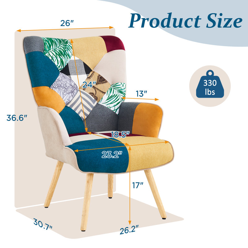 Chaise avec accoudoirs à dossier haut moderne, fauteuil de lecture en patchwork coloré (ensemble de 2)