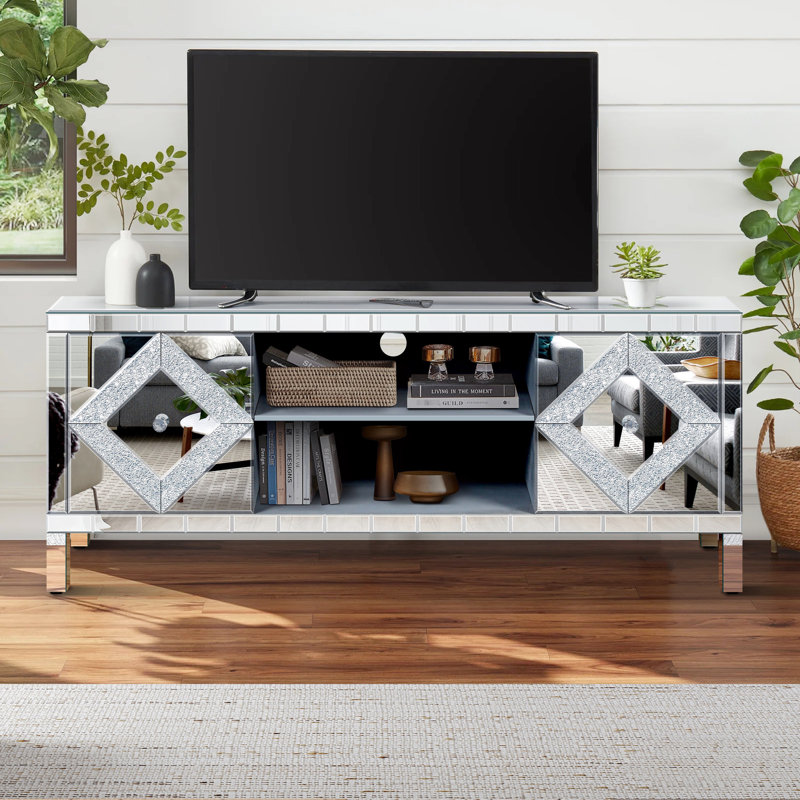 Meuble télé avec miroir intégré pour téléviseur de plus de 65 pouces, console argentée avec rangement ouvert et 2 étagères, meuble télé moderne pour salon, gain de place, indispensable