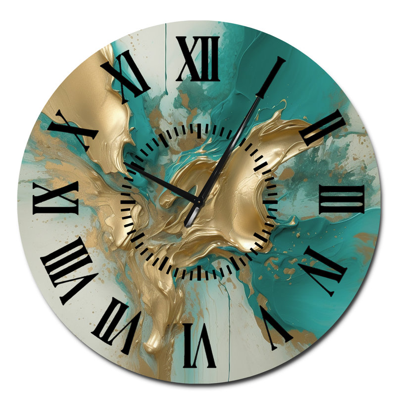 Horloge murale dorée et turquoise Fuild Ink II - marbre abstrait noir, Surdimensionné