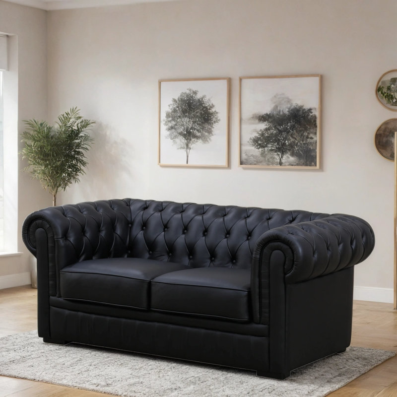 72" Genuine Cowhide Leather Chesterfield 2-Seat Loveseat With European Buckle Details, Black