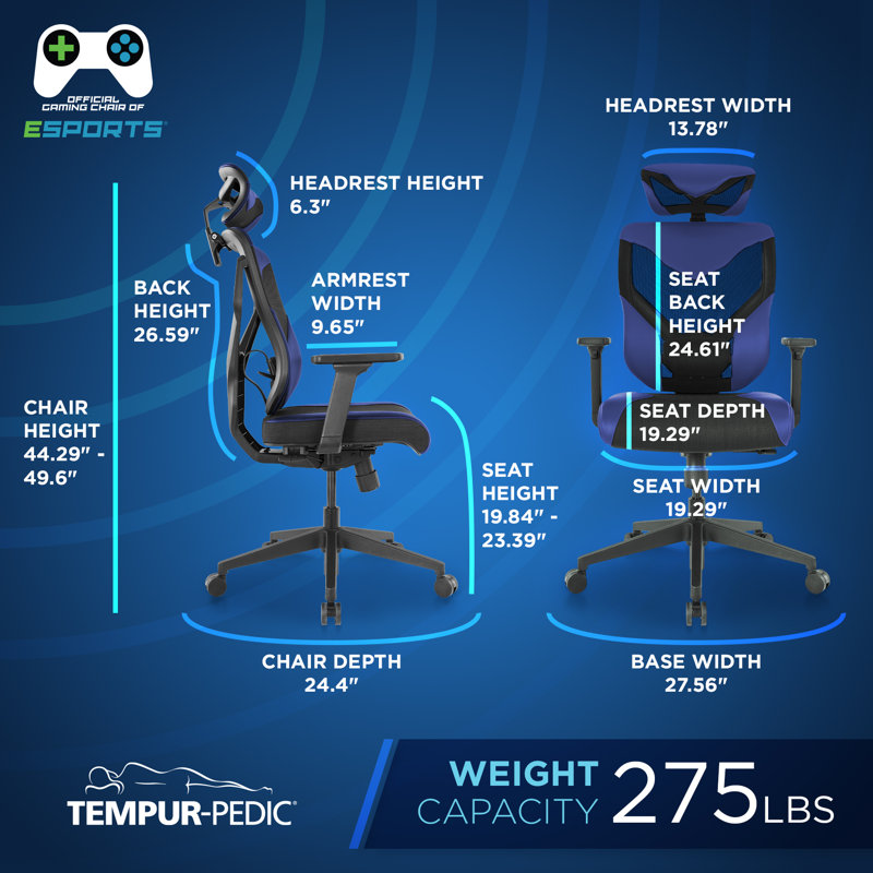 Tempur-Pedic Blaze Auto-Adaptive Ergonomic Gaming Chair with Lumbar Support and 3D Armrest Adjustment, Blue