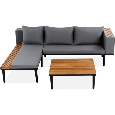 Luxury Patio Furniture Set With Removable Cushions And Coffee Table, L-Shaped Acacia Wood Sofa With Side Table, Outdoor Conversation Sectional Sofa For Backyard, Porch