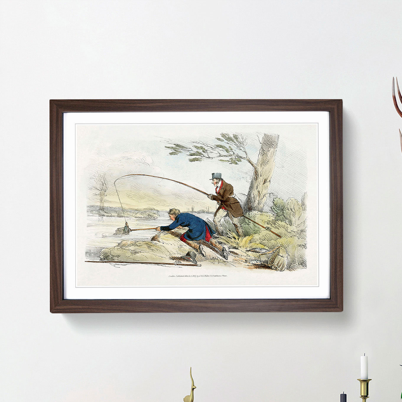 Two Men Fishing By Henry Alken Vintage Canvas Wall Art Print Ready to Hang,  Framed Picture for Living Room Bedroom Home Office Décor, 24x16 Inch