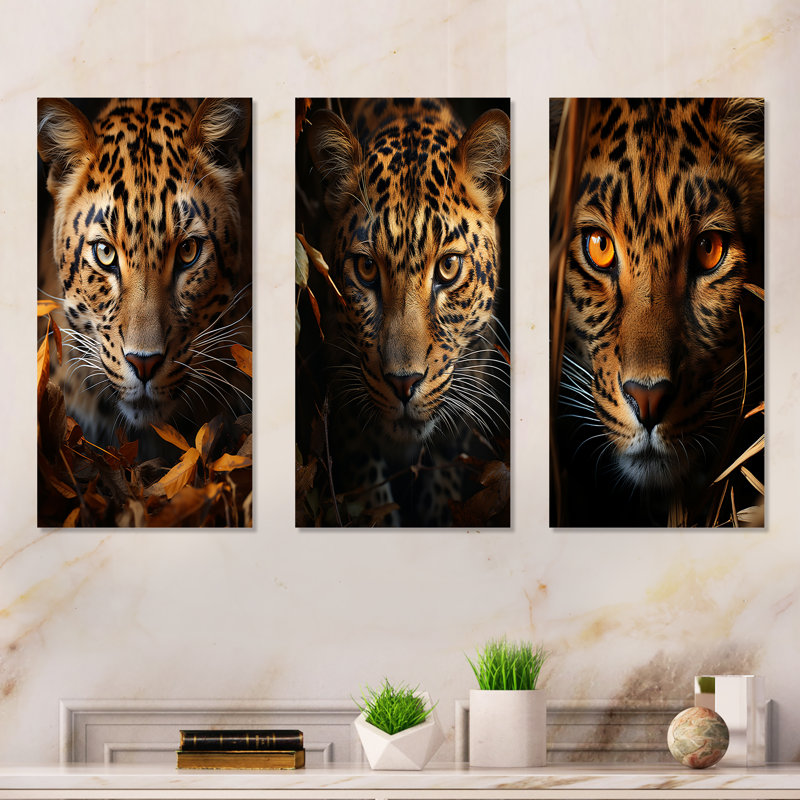 Leopard Golden Stalker Portrait Gaze - ensemble de 3 reproductions d'art en métal léopard, 28" H x 36" W