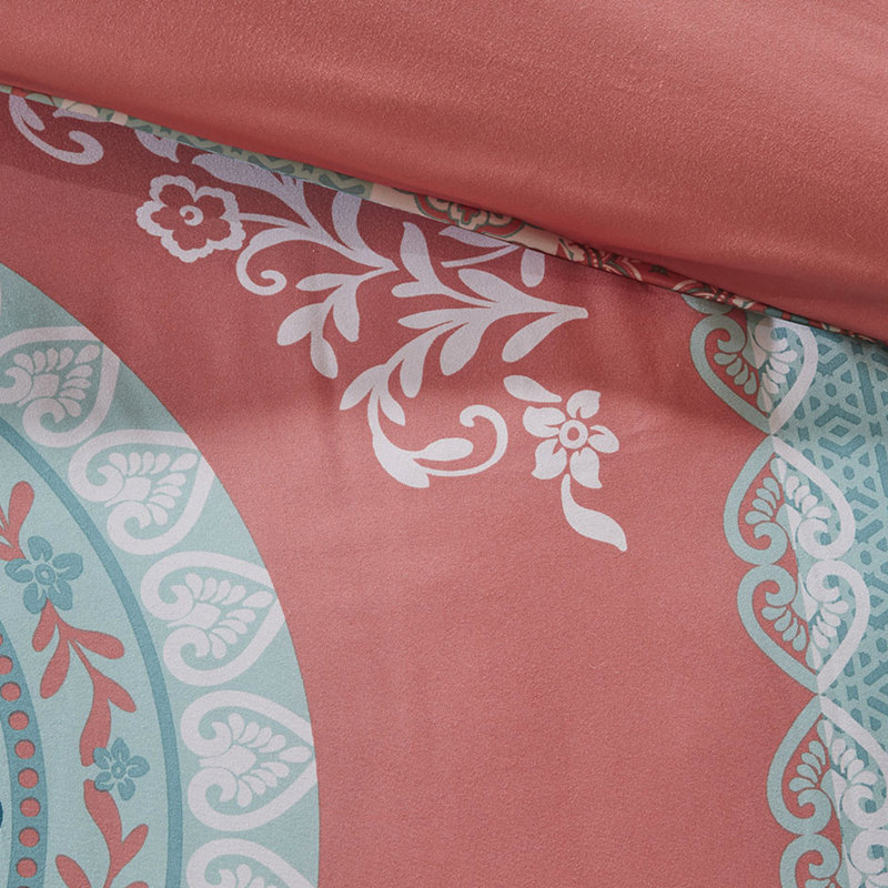 Collection de literie pour lit simple TG avec édredon - imprimé médaillon corail, rembourrage, imprimé corail, microfibre douce, bordure brodée, drap-housse