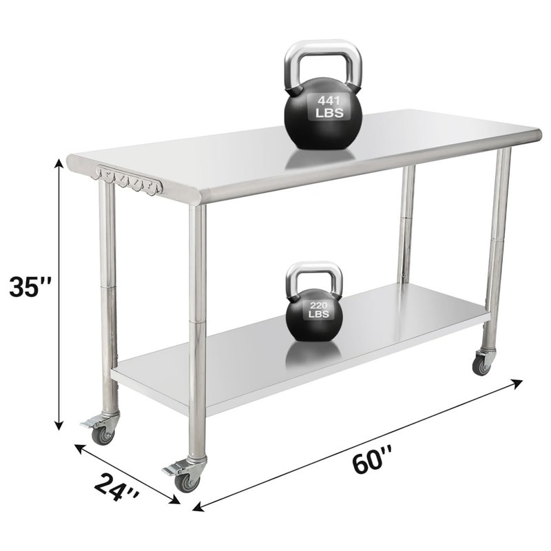Table de préparation de cuisine en acier inoxydable avec roulettes, établi commercial robuste avec crochets, table en métal avec tablette à hauteur réglable pour le garage, extérieur
