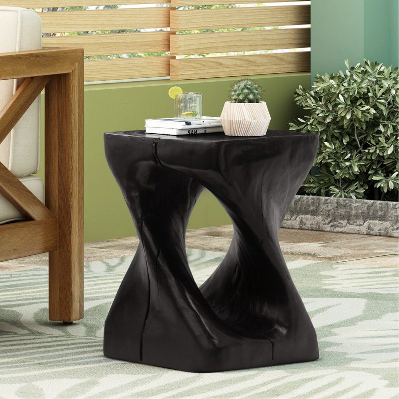 Table d'appoint torsadée noire avec texture bois, usage intérieur/extérieur, 30 cm de large, 40,6 cm de hauteur, capacité de 90,7 kg, prête à l'emploi, design et veinage, usages multiples pour la maison et le jardin, 30 x 40,6 cm.