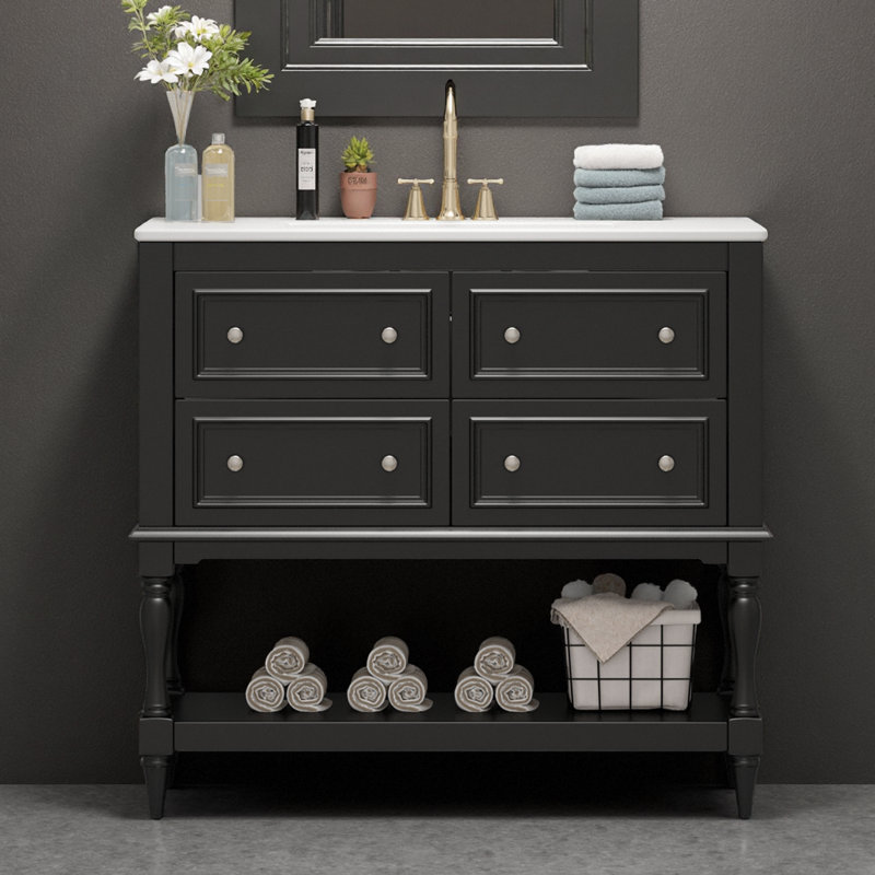 Meuble-lavabo 36 po avec lavabo sous-comptoir en céramique, 4 tiroirs d'extension et grande tablette de rangement, structure en bois d'hévéa massif, capacité de 300 lb, neutre moderne, prêt pour robinet central de 4 po