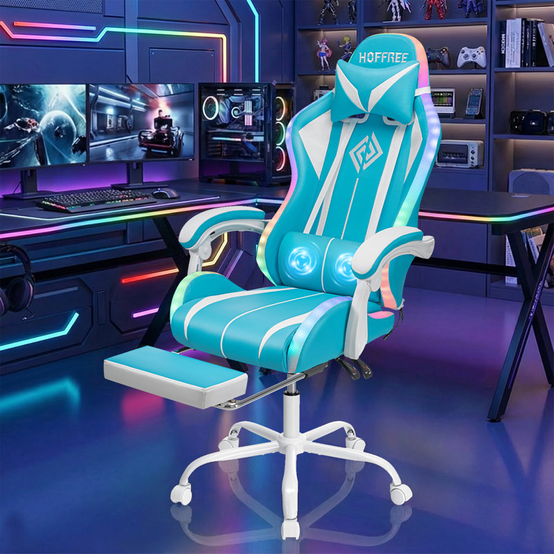 HOFFREE Gaming Chair With LED RGB Lights With Massage And Footrest Ergonomic Computer Chair High Back Video Game Chair With Adjustable Lumbar Support Linkage Armrest