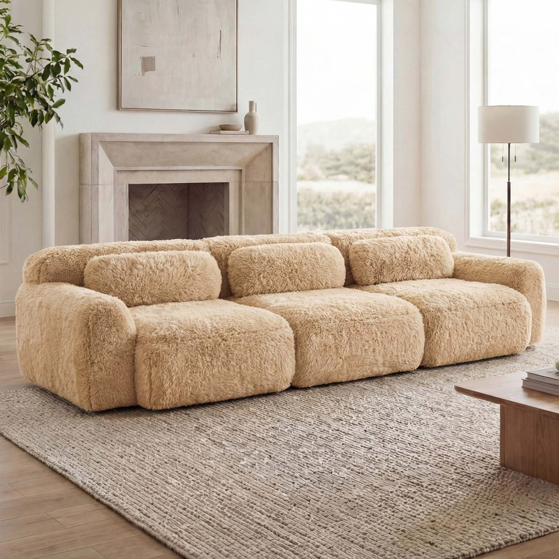 Soft and Fluffy Plush Fabric 3-Seat Ergonomic Design Modular Sectional Sofa Couches with Throw Pillows for Study, Home Theatre