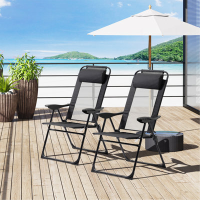 Folding Patio Chairs Set Of 2, Outdoor Deck Chair With Adjustable Sling Back, Camping Chair With Removable Headrest For Garden, Backyard, Lawn, Black