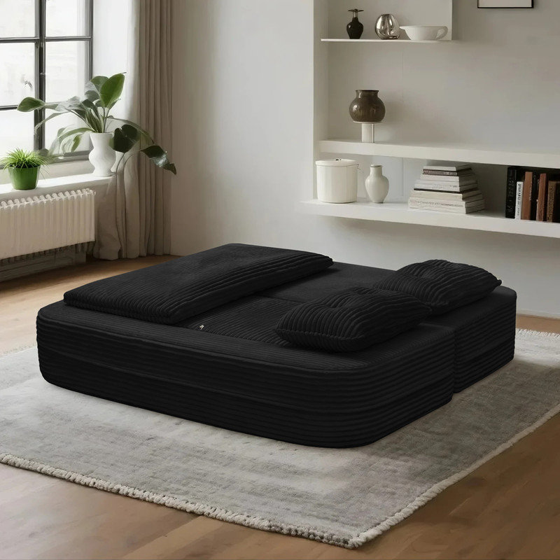 Canapé-lit modulaire multifonctionnel convertible pour très grand lit, Velours côtelé noir