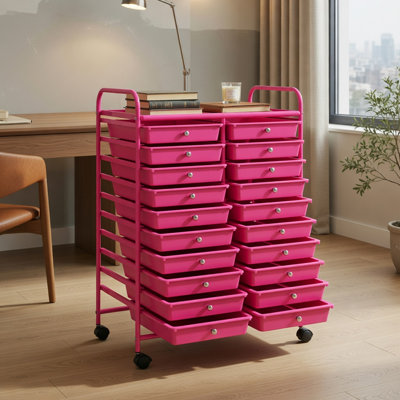  Chariot de rangement roulant 20 tiroirs avec roulettes verrouillables, organisateur de studio pour la maison, le bureau, le garage et la salle de classe, rose