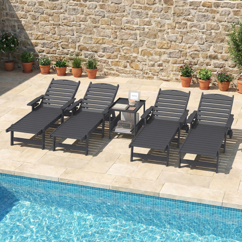 Hdpe Wood Grain Outdoor Chaise Lounge Set Of 2, Patio Lounge Chair With Adjustable 6-position, Sun Lounger, Gray