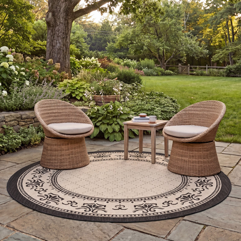 Tapis intérieur / extérieur brun clair / noir Arneshia, Rond 5 pi 3 po
