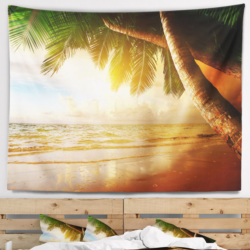 Paysage photo plage des caraïbes tapisserie au lever du soleil, H 50 po x l 60 po