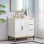 Meuble-lavabo en bois massif H 35 po x l 36 po avec comptoir en quartz blanc Carrera résistant aux taches et lavabo simple-524384785