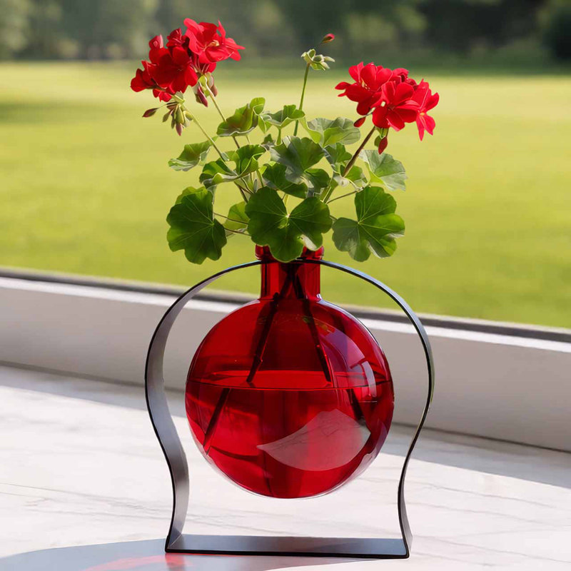 Vase de table en verre recyclé et support en métal arqué Diredra, capacité de 8,5 oz, rouge, Rouge