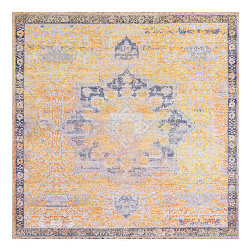 Tapis oriental bleu / jaune Hymel, Carré 5 pi 3 po x 5 pi 3 po