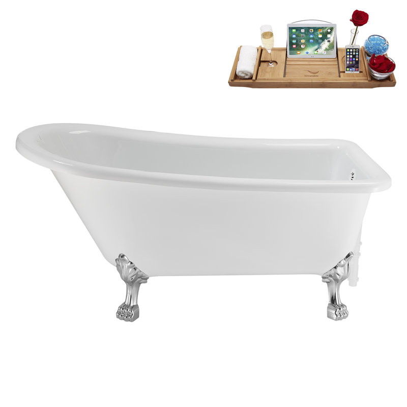 58" Streamlin Clawfoot Tub,Tray,Drain, Clawfeet, Polished Chrome, Glossy White