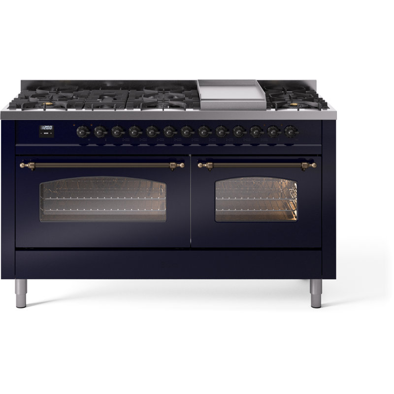 ILVE Nostalgie II 60 Dual Fuel Range, 9 Burners, Griddle, Burgundy/Bronze, Natural Gas