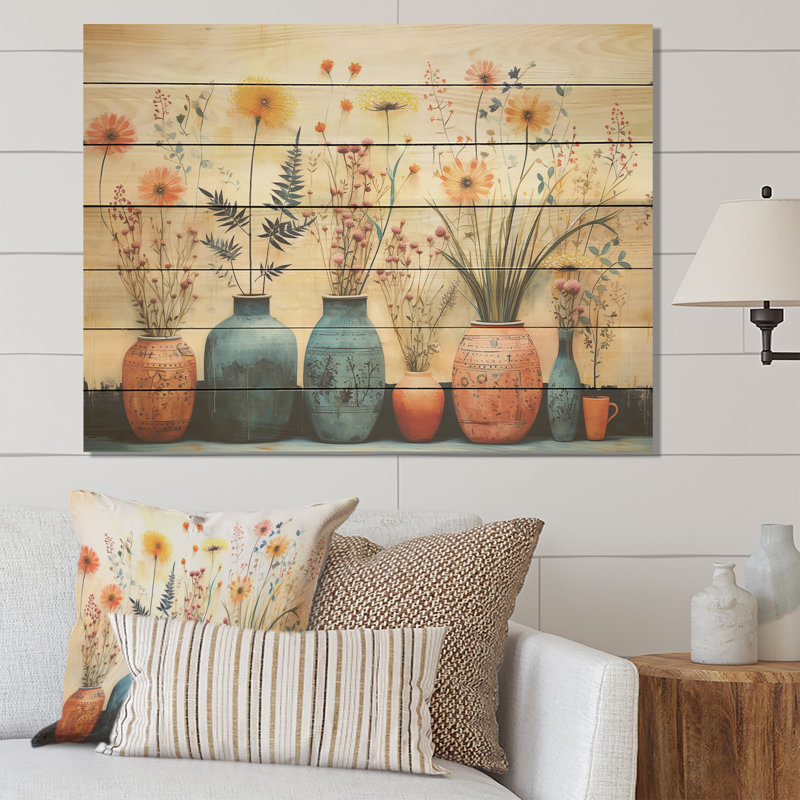 Aquarelle florale bleue IV - poterie bohème sur bois, H 30 po x l 40 po