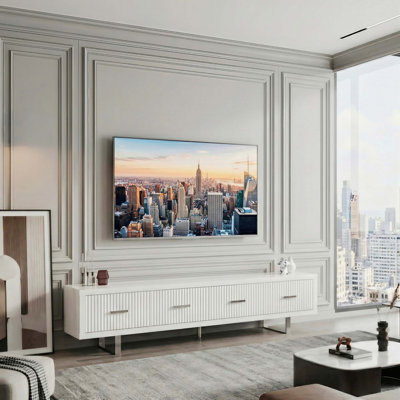 Modern TV Stand with Four Deep Storage Drawers for Organized Media Setup and Space-Saving Living Room Functionality.