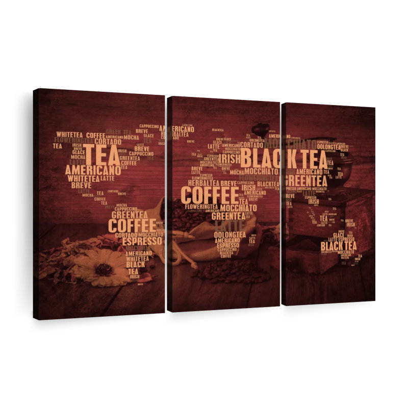 Ensemble de carte du monde sur toile café et thé 3 pièces, H 48 po x l 74 po x P 1,25 po