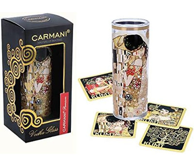 Carmani 2 Oz Shot Glass and 4 Mini Coasters decorated with Gustav Klimt The Kiss Painting, Set of 5