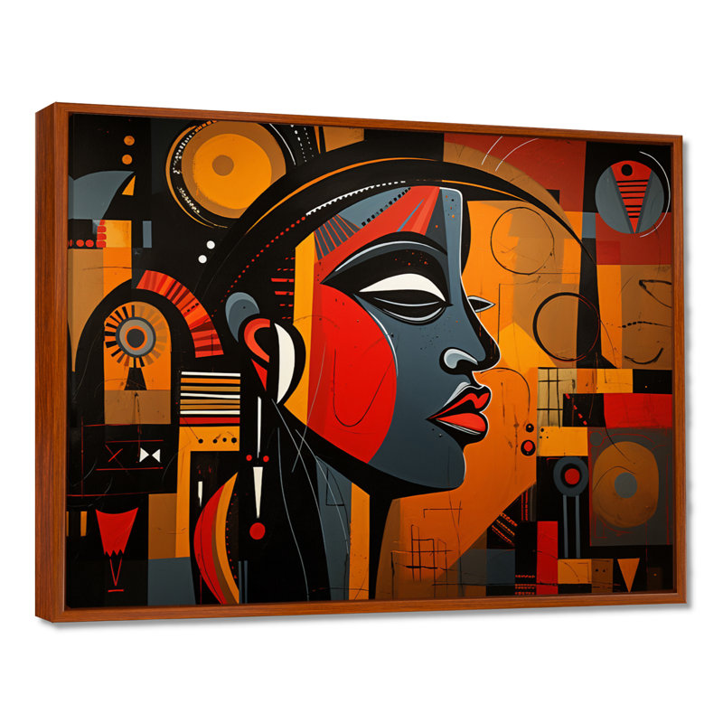 Portrait contemporain, collage géométrique - art mural africain, salon, Cadre flottant brun, H 12 po x l 20 po x P 1 po