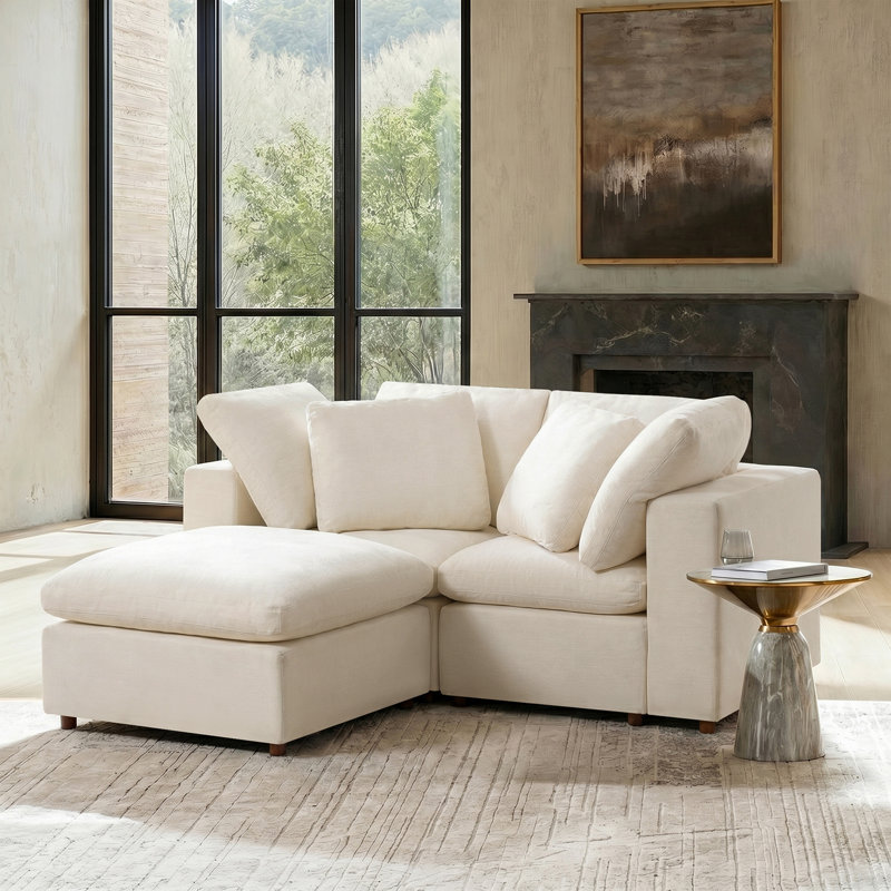 Merritt Modern Cloud Down Filled Oversized Sectional Couches With One Ottoman, Linen Polyester