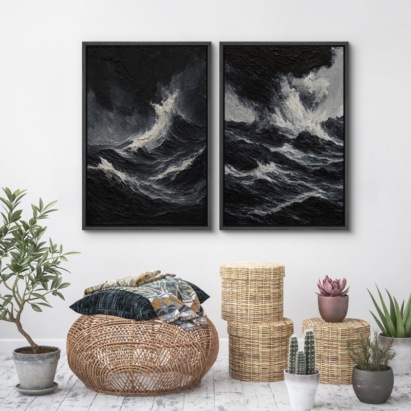 Plage, paysage mural, ensemble de 2 reproductions d'art sur toile encadrées, H 24 po x l 32 po, Noir