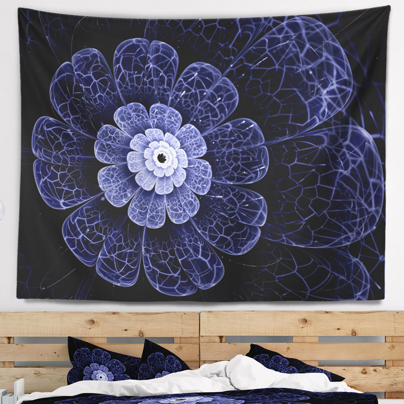 Tapisserie floral à motif fractal bleu vif scintillant, H 32 po x l 39 po