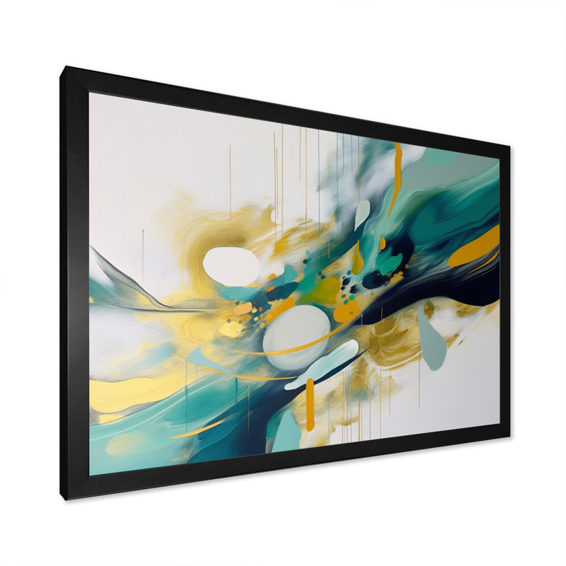 Jaune et turquoise, ordre complexe II sur toile, H 30 po x l 40 po x P 1,5 po, Cadre photo noir simple