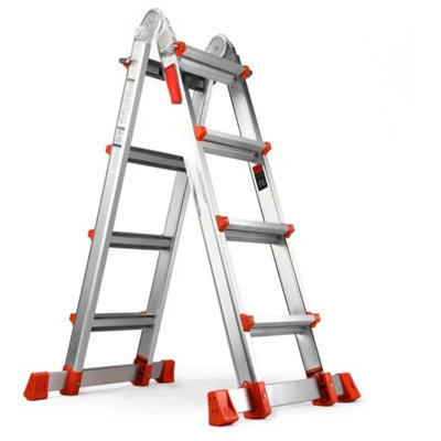 A Frame 4 Step Extension Ladder, 14 FT Multi Position Ladder with Removable Tool Tray and Stabilizer Bar, 300 lbs Safe Load Telescopic Ladder for Home Indoor and Outdoor Work