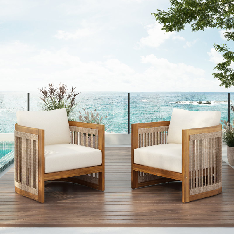Masayushi Patio Acacia Wood & Woven Rope Lounge Chair With Cushions, Beige