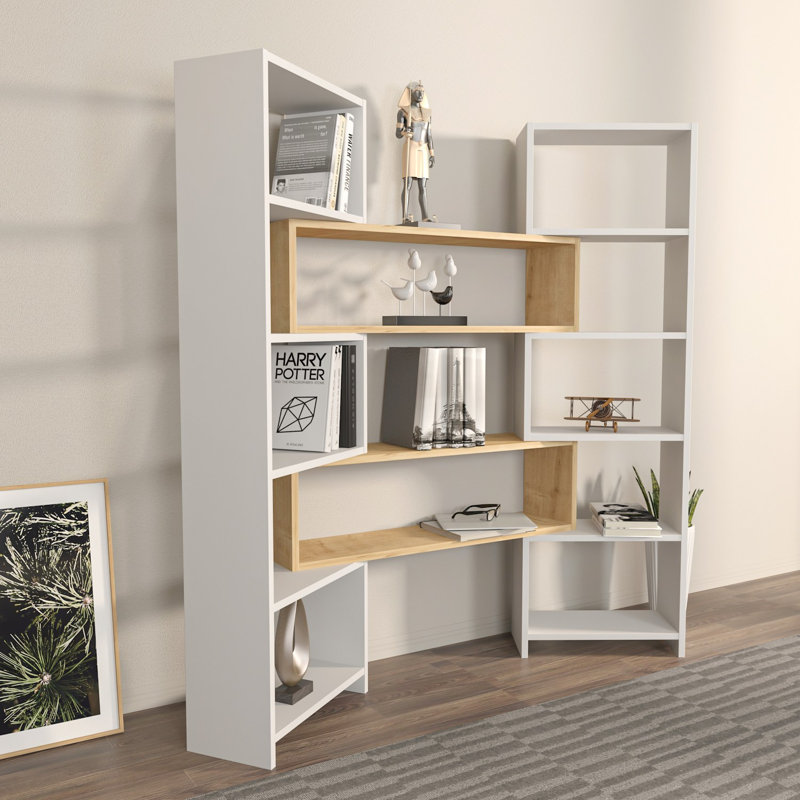 Bibliothèque moderne, blanc et chêne, 64,4 x 59,1 x 8,7 pouces | 100% panneau de particules enduit de mélamine, épaisseur: 0,7 pouce | Solution de rangement élégante pour la maison ou le bureau, design contemporain et construction durable
