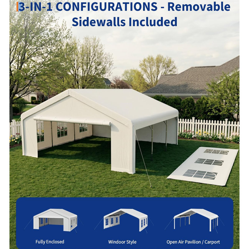 Auvent extérieur 20 x 20 pi, structure en acier galvanisé, toit en PE imperméable, portes grillagées et enroulables, parois latérales amovibles avec fenêtres