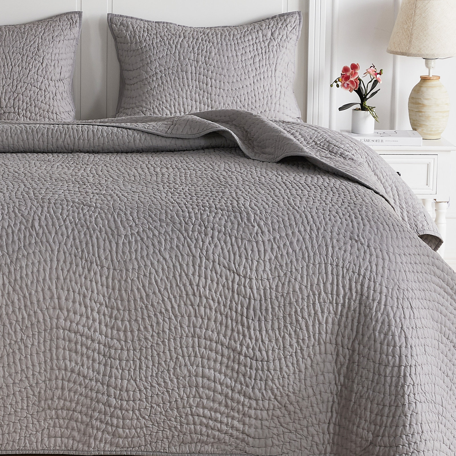 Cotton Wave Hand Stitch Voile Quilt Set, Twin Quilt + 1 Standard Sham, Silver